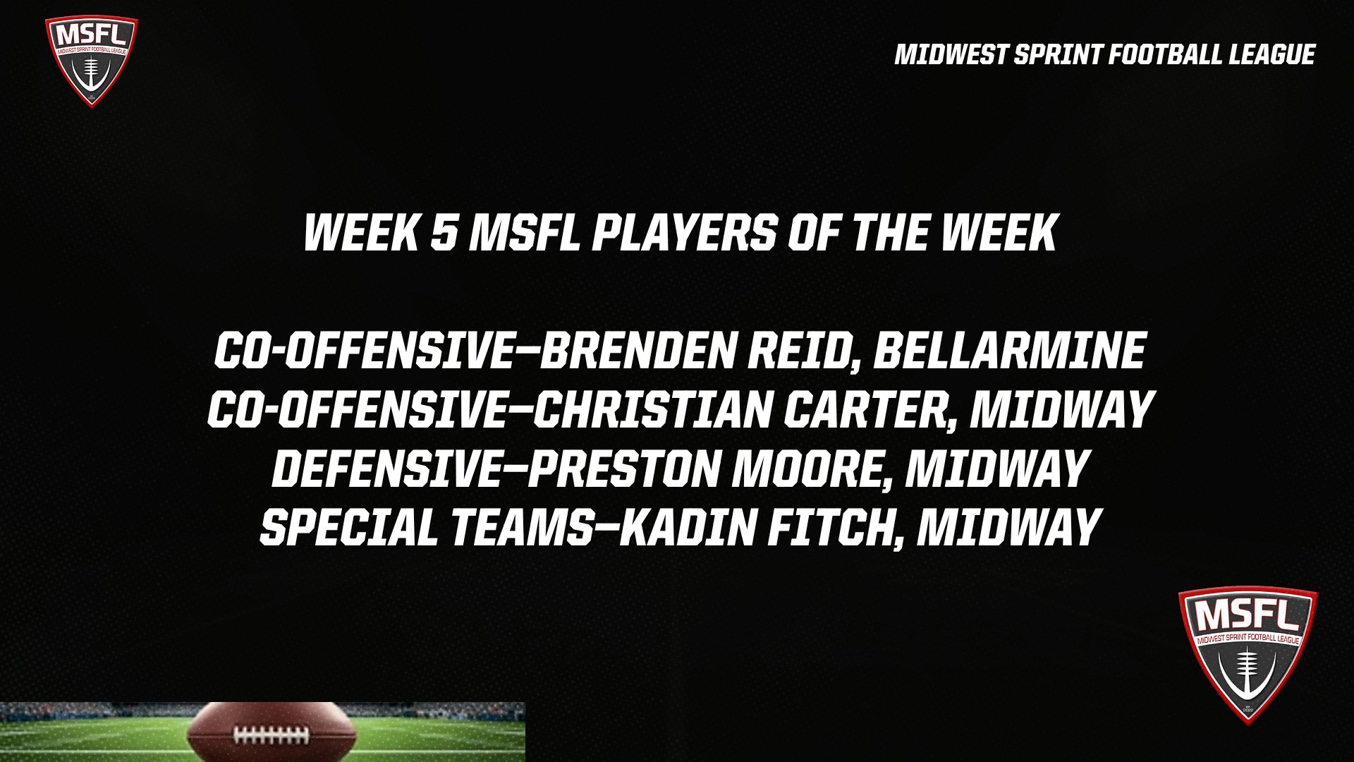 MSFL Announces Week 5 Players of the Week
